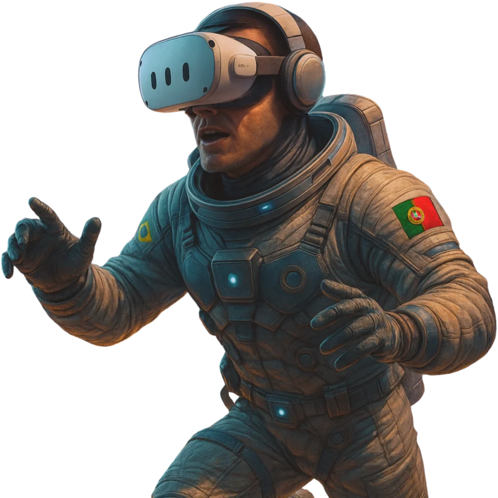 Astronauta usando óculos de Realidade Virtual com bandeiras do Brasil e Portugal.