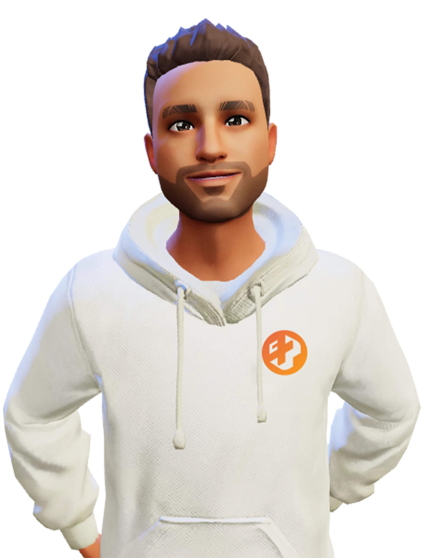 Avatar masculino com moletom branco e logo laranja em fundo transparente.