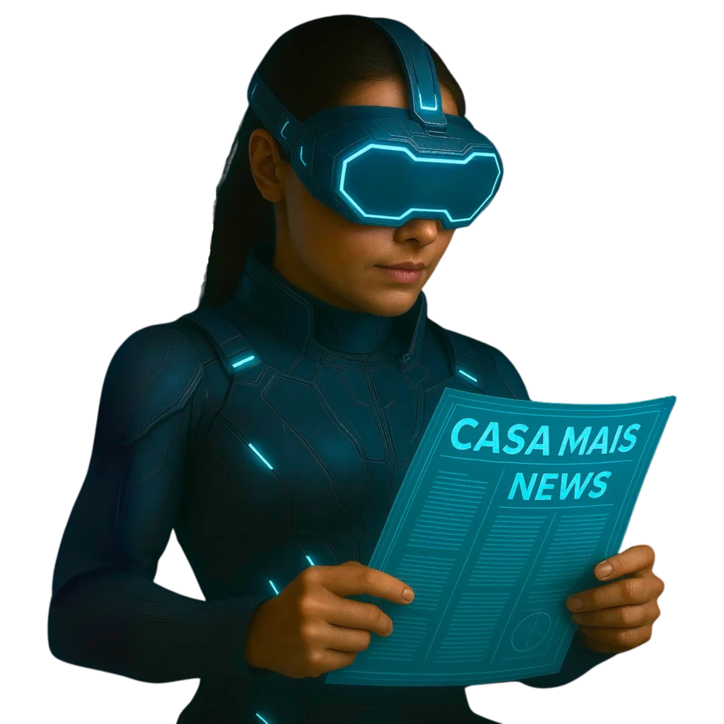 Mulher com traje futurista lendo o jornal holográfico “Casa Mais News” em ambiente tecnológico.