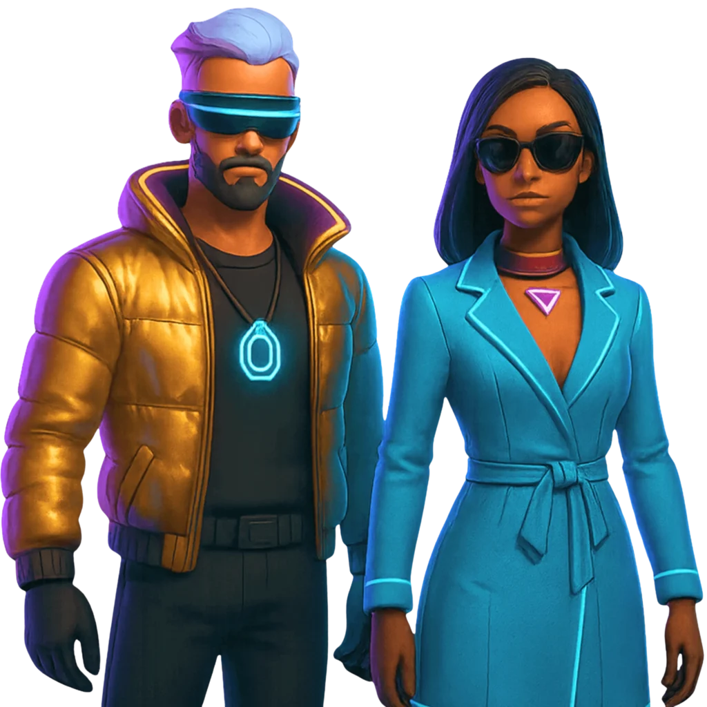 Dois avatares futuristas, homem com jaqueta dourada e mulher com casaco azul, representando personagens no Metaverso