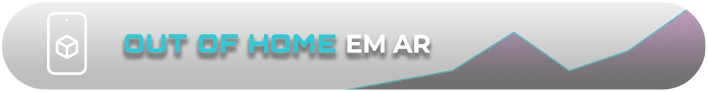 Botão com ícone de celular e cubo, e o texto “Out of Home em AR” em fundo preto com linhas azul e roxa