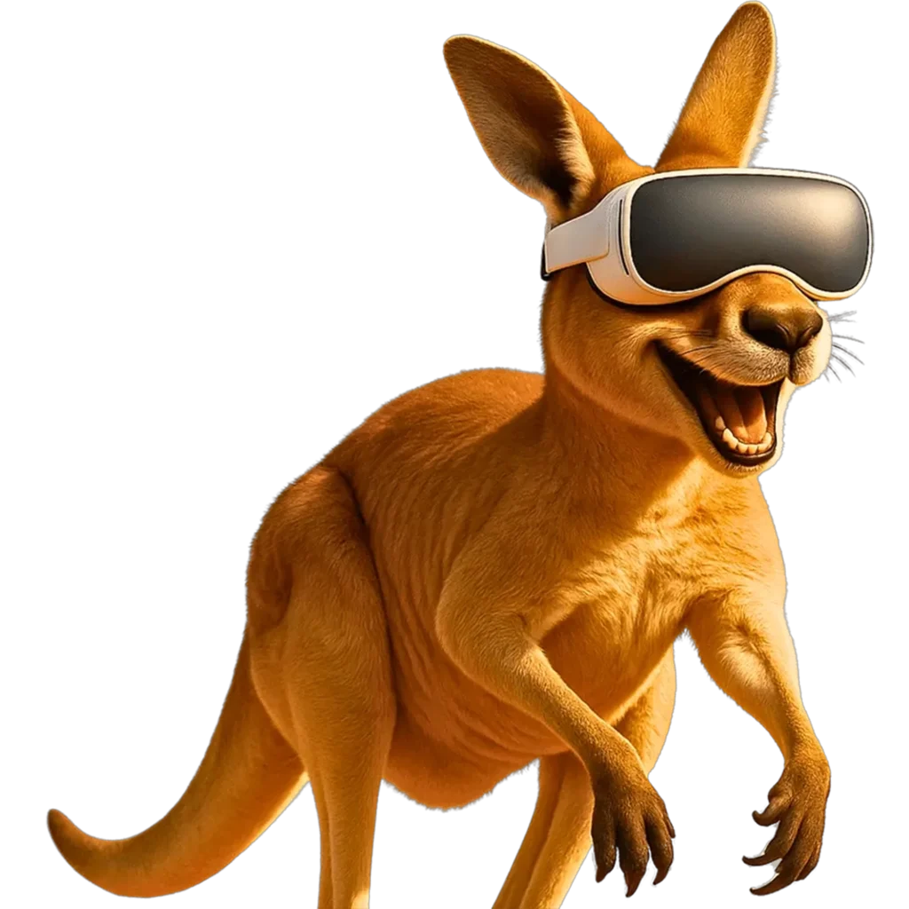 Canguru sorridente usando óculos de Realidade Virtual em fundo transparente.