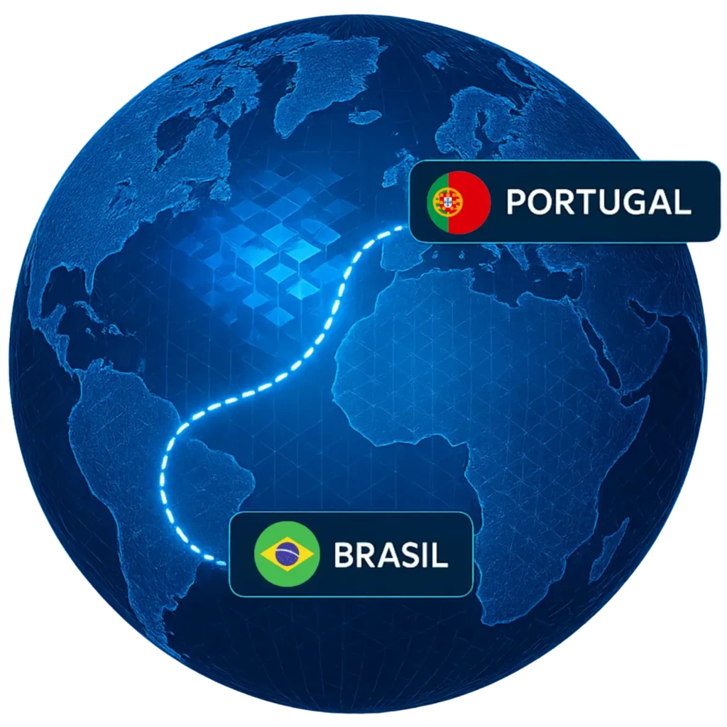 Mapa do mundo com rota entre Brasil e Portugal representando expansão internacional da Casa Mais