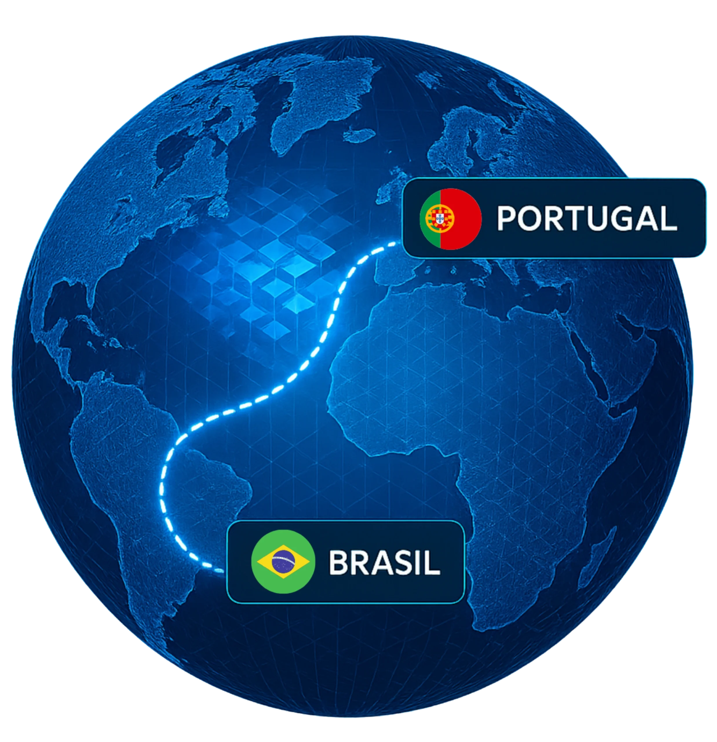 Mapa 3D conectando Brasil e Portugal com linha azul, simbolizando a expansão internacional da Casa Mais.