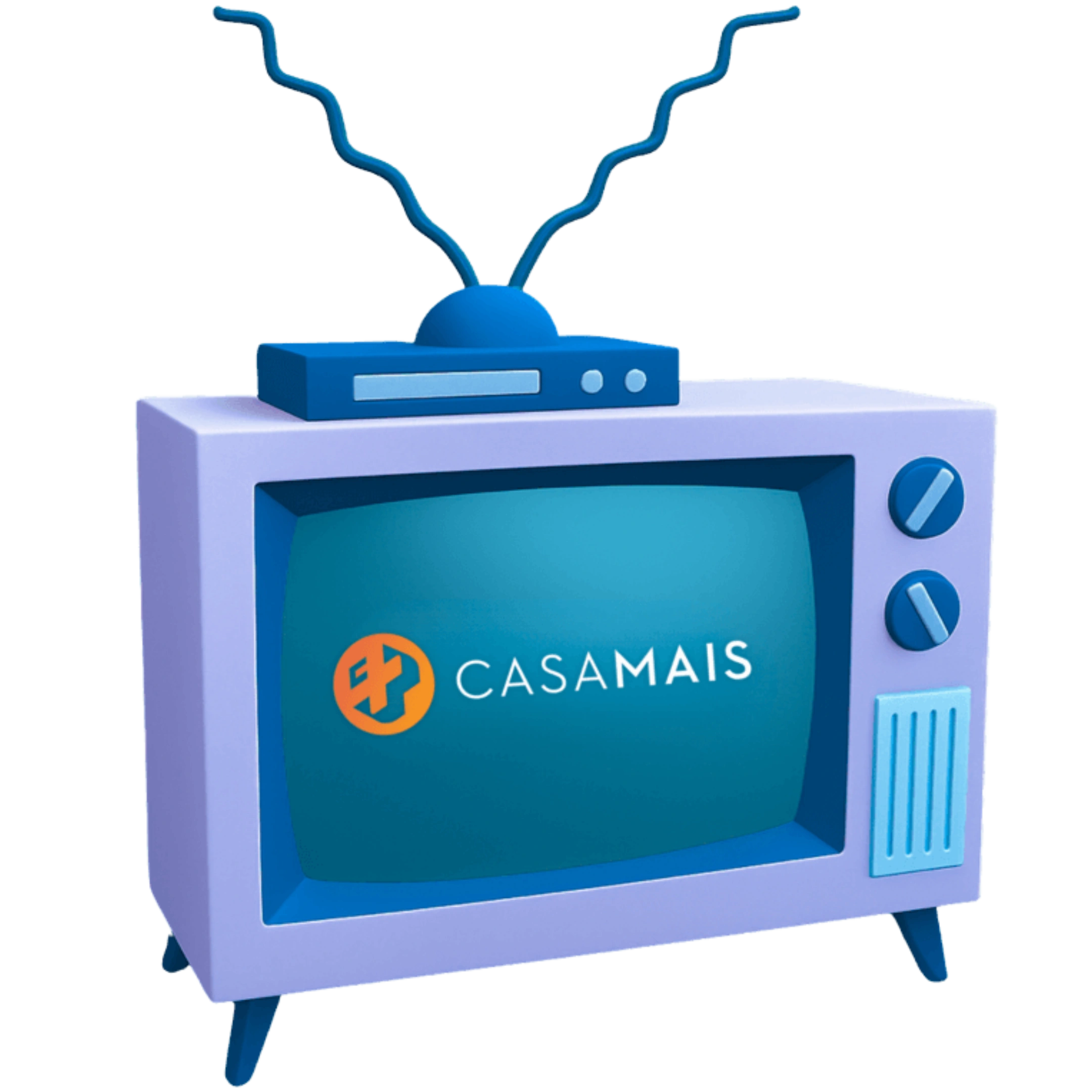 Televisão 3D com logotipo da Casa Mais exibido na tela, simbolizando presença na mídia e imprensa.