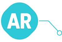 Ícone azul claro com as letras "AR" em branco e conexão gráfica circular