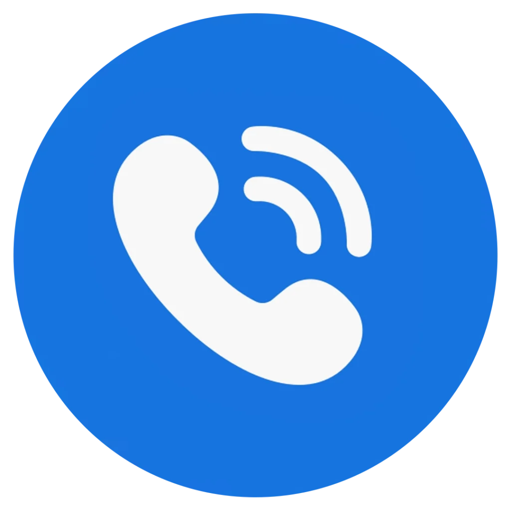 Ícone de telefone branco em fundo azul representando contato por ligação.