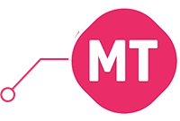 Ícone rosa com as letras "MT" em branco e linha de conexão gráfica