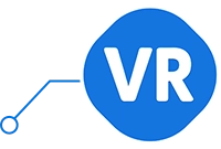 Ícone azul com as letras "VR" em branco e conexão gráfica circular