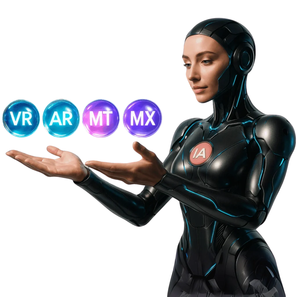 Assistente robótica com esferas tecnológicas VR, AR, MT e MX flutuando nas mãos.