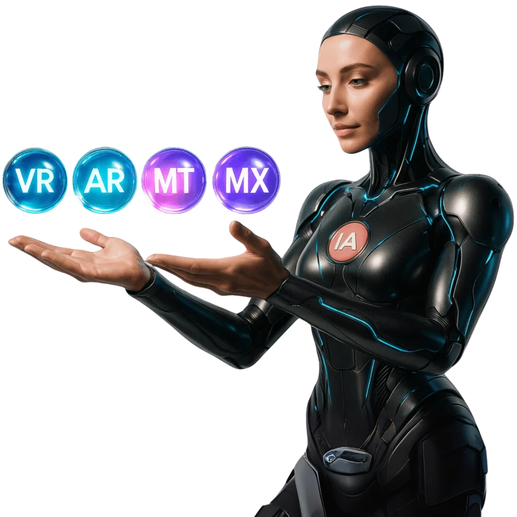 Mulher com traje futurista representando IA segurando esferas com siglas de tecnologias imersivas (VR, AR, MT, MX)