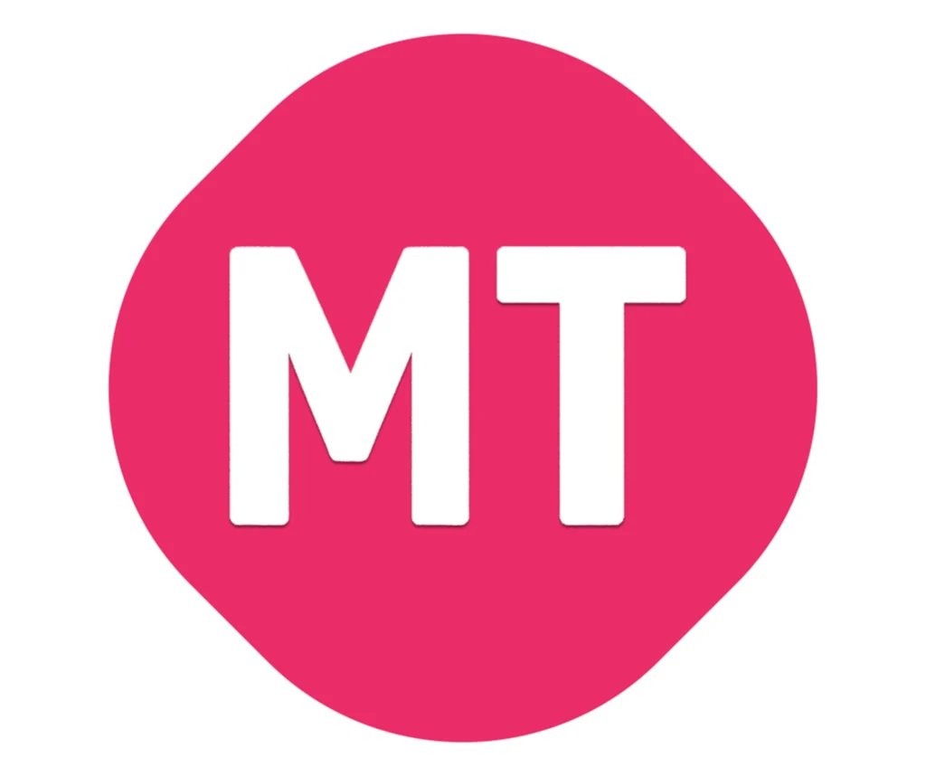 Ícone bordô com as letras MT que representa o serviço de Metaverso para empresas da Casa Mais.