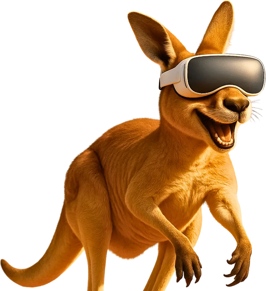 Canguru com óculos de Realidade Virtual simbolizando o início da Casa Mais na Austrália e o pioneirismo em experiências imersivas.