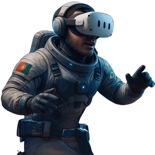 Astronauta com óculos de Realidade Virtual simbolizando o pioneirismo da Casa Mais em tecnologias imersivas no Brasil