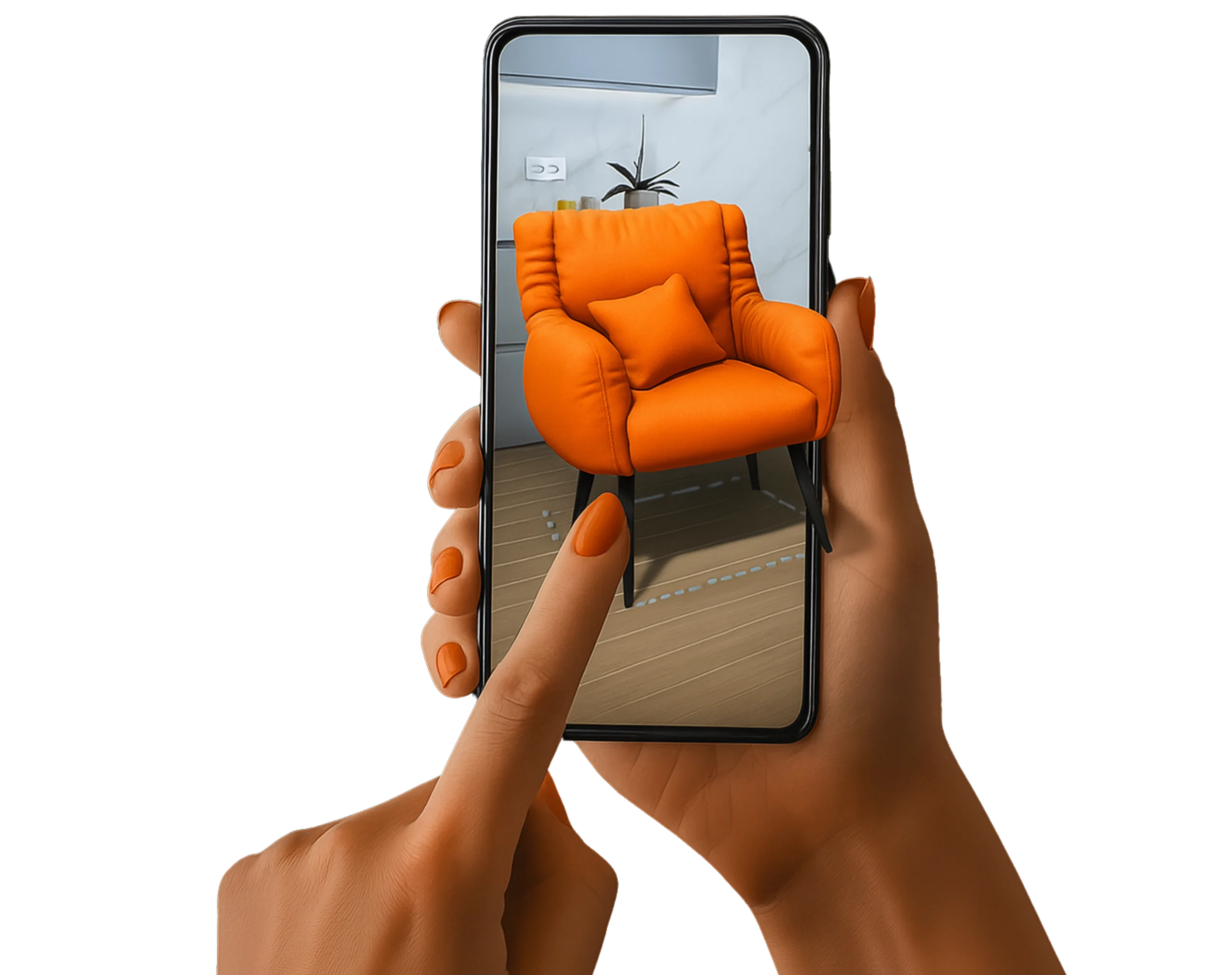 Simulação de cadeira laranja em ambiente real usando realidade aumentada pelo celular.