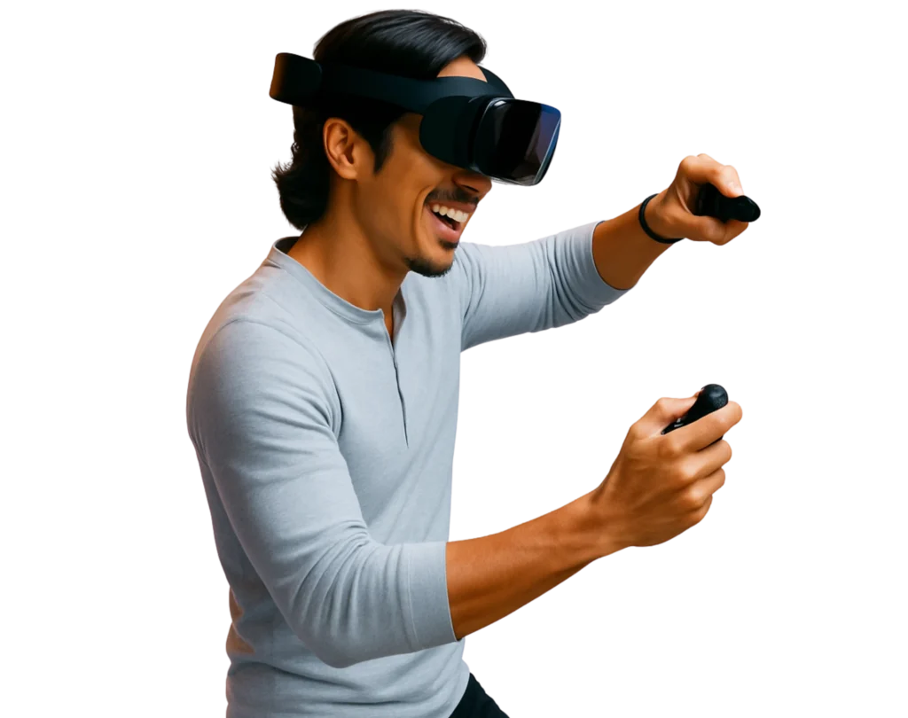 Homem usando óculos de realidade mista com controles interativos em ambiente claro.